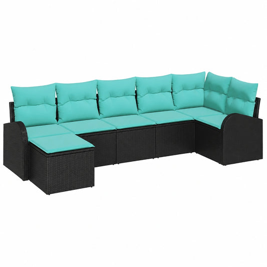 Set Divani da Giardino 7 Pezzi in Polyrattan Nero e Turchese, Modulare e Resistente alle Intemperie