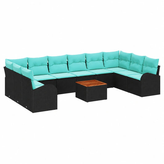 Set Salotto da Giardino in Polyrattan 11 Pezzi, Nero e Turchese, Resistente ai Raggi UV