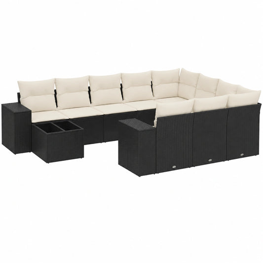 Set salotto da giardino modulare in rattan sintetico nero con cuscini crema, 11 pezzi