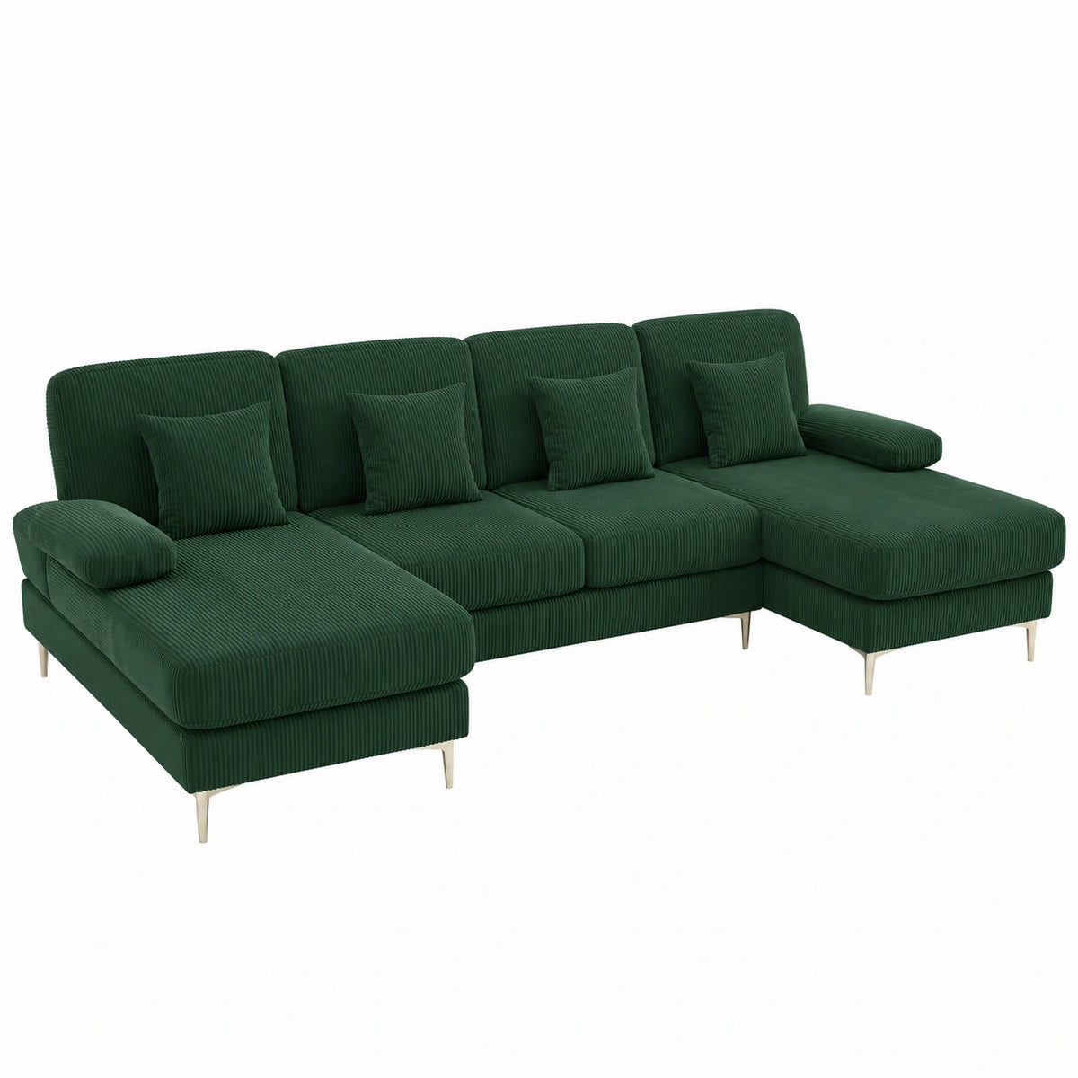 Divano a U in Legno Massello con LED e USB-C, Schienale Ergonomico e Cuscini Lusso, 265x135x88 cm, Verde Scuro