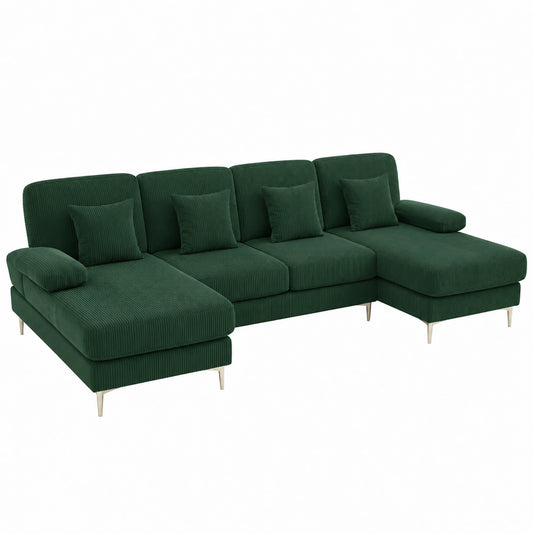 Divano a U in Legno Massello con LED e USB-C, Schienale Ergonomico e Cuscini Lusso, 265x135x88 cm, Verde Scuro