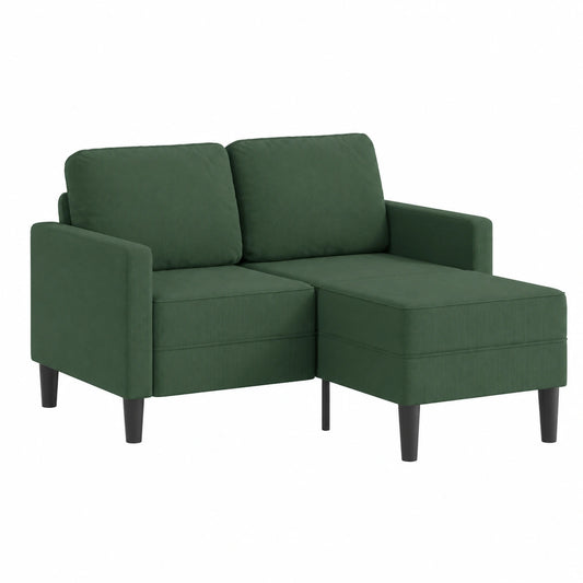 Divano angolare 2 posti verde scuro con chaise longue, 125 cm, lino traspirante, struttura metallo e legno