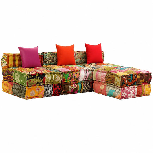 Divano modulare 3 posti in cotone patchwork con cuscini, versatile per ogni ambiente