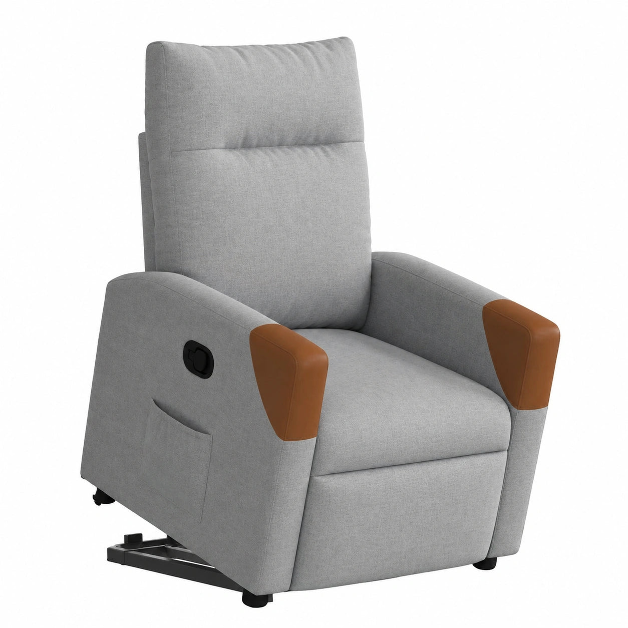 Poltrona elevabile elettrica con funzione reclinabile e tasca laterale, tessuto grigio chiaro, ideale per adulti in soggiorno