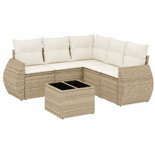 Set salotto da giardino 6 pezzi in rattan, beige, con divano angolare e tavolo UV resistente