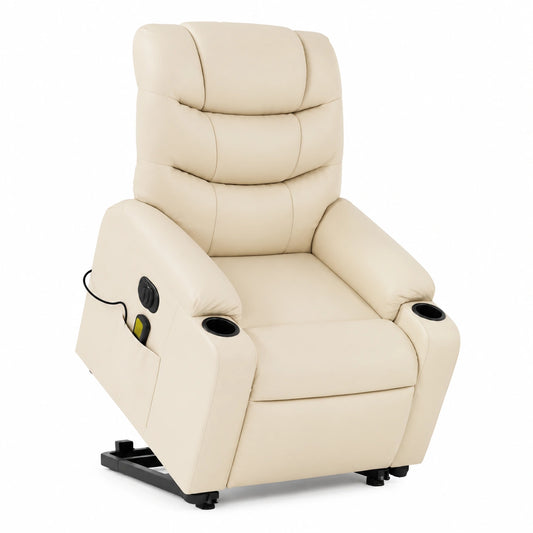 Poltrona reclinabile massaggiante in tessuto crema con vibrazione a 6 punti, supporto alzapersone ed ergonomica per soggiorno e camera da letto
