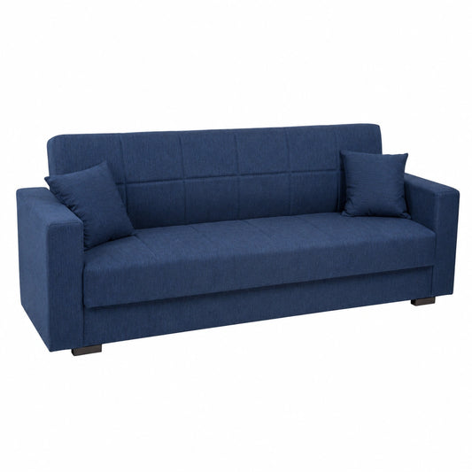 Divano Letto in Tessuto Blu con Vano Contenitore e Cuscini, 3 Posti