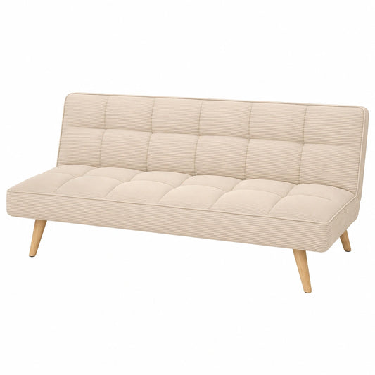 Divano Letto 3 Posti in Velluto Beige con Piedini in Legno