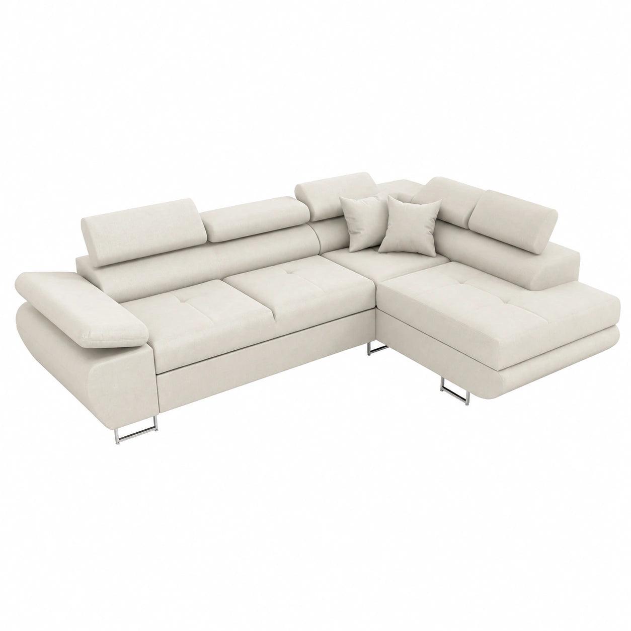 Divano Angolare Saturn Kingston con Letto e Cassetto per Biancheria, Cuscini e Poggiatesta Regolabili, Crema, 272x200x73/90 cm