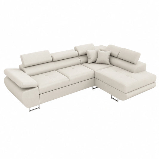Divano Angolare Saturn Kingston con Letto e Cassetto per Biancheria, Cuscini e Poggiatesta Regolabili, Crema, 272x200x73/90 cm