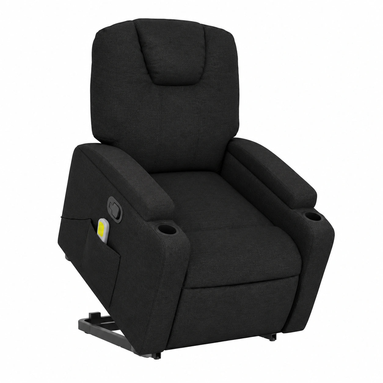 Poltrona relax elettrica nera con funzione massaggiante e supporto alzante, rivestimento in tessuto, 74x88x97 cm, ideale per soggiorno, camera da letto e ufficio